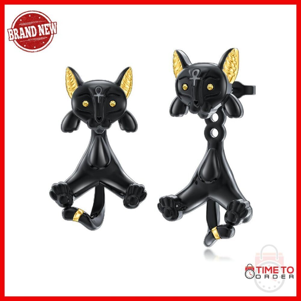 Sterling Silver Egyptian Cat Ear Jacket Earrings Goddess Bastet Jewelry